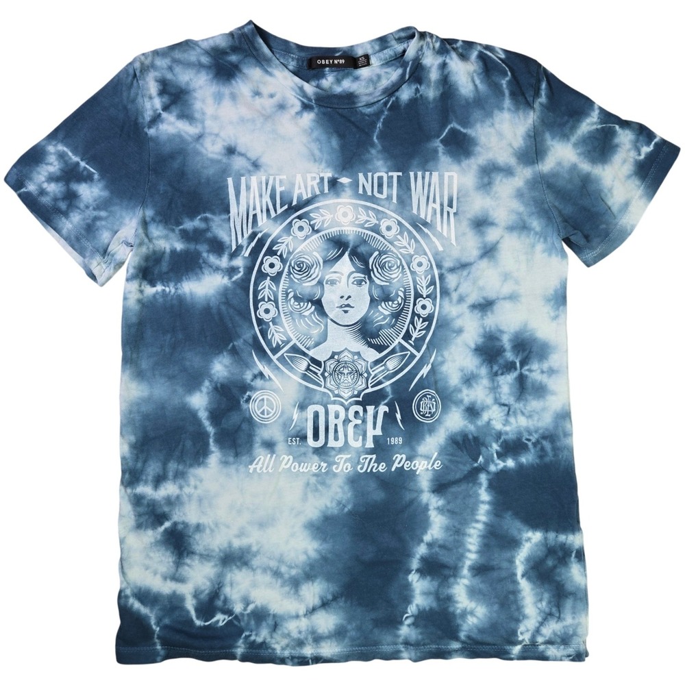Obey Make Art Not War Blue Tie Dye Graphic T-Shirt XS Shepard Fairey Mens Womens